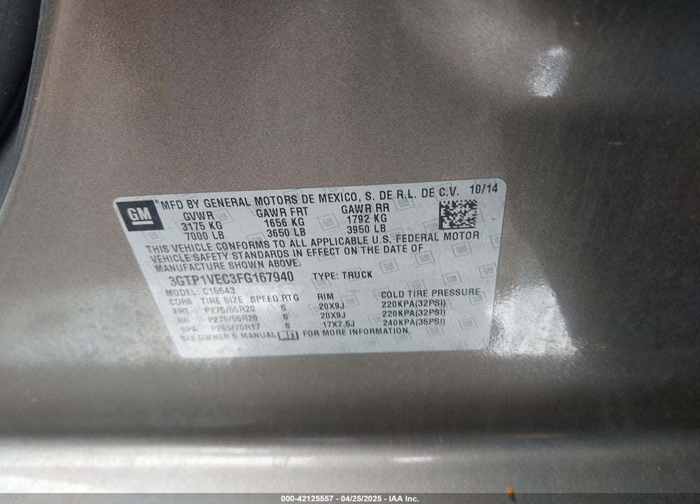 2015 GMC SIERRA 1500 SLT VIN: 3GTP1VEC3FG167940