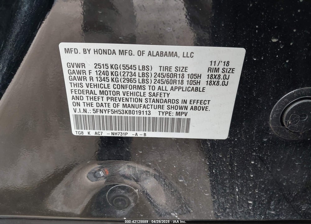 2019 HONDA PILOT VIN: 5FNYF5H53KB019113