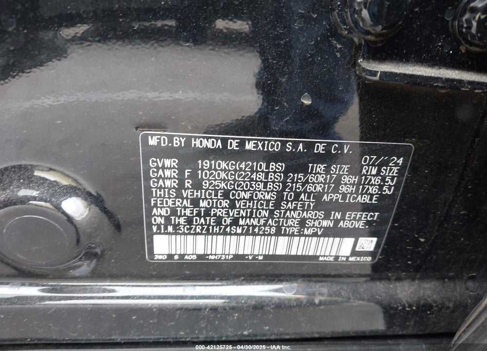 2025 HONDA HR-V VIN: 3CZRZ1H74SM714258