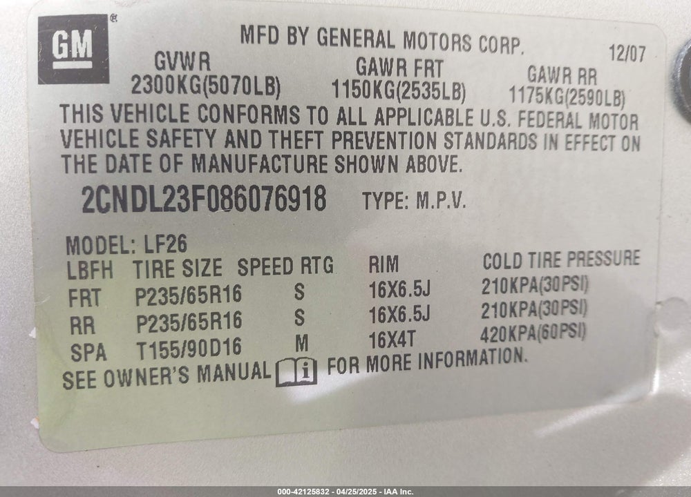 2008 CHEVROLET EQUINOX VIN: 2CNDL23F086076918