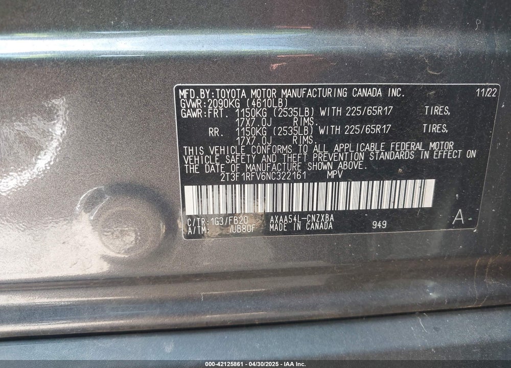 2022 TOYOTA RAV4 VIN: 2T3F1RFV6NC322161