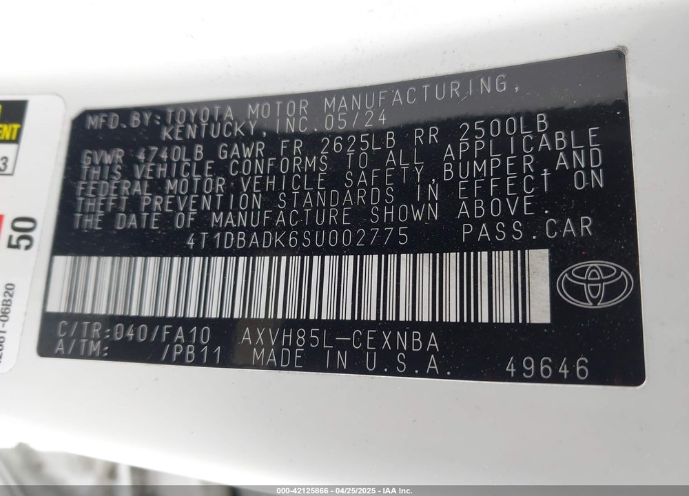 2025 TOYOTA CAMRY LE VIN: 4T1DBADK6SU002775