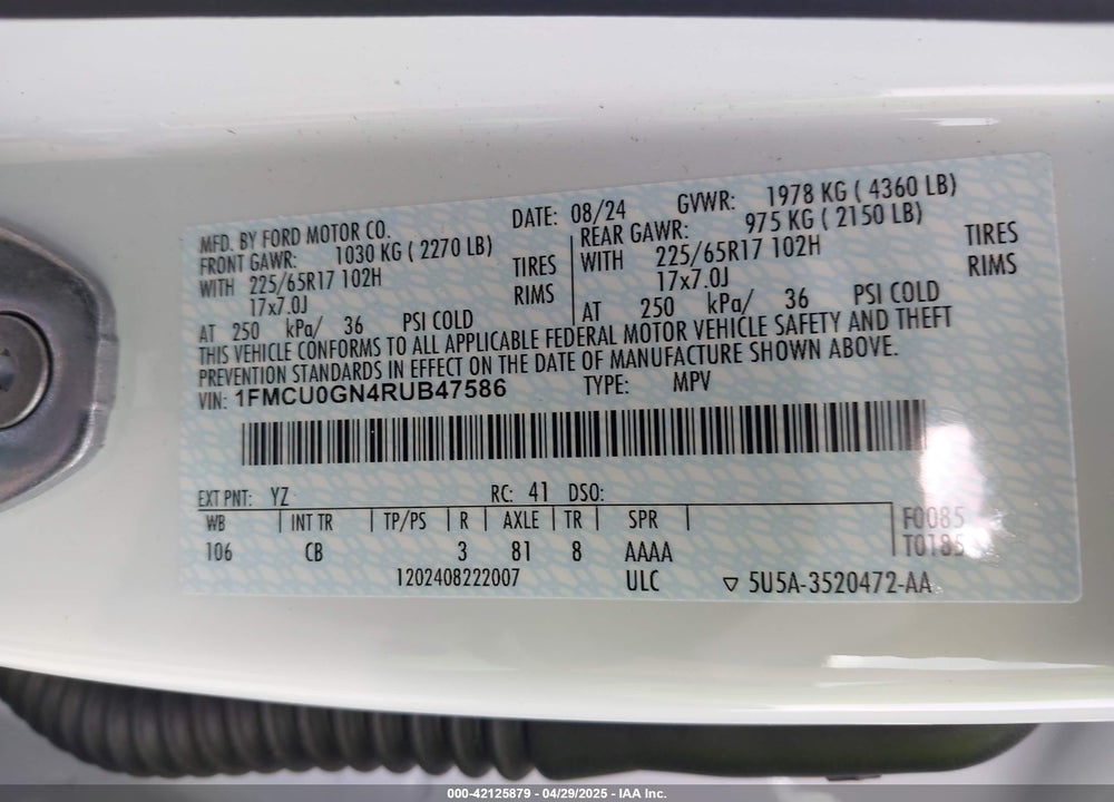 2024 FORD ESCAPE ACTIVE VIN: 1FMCU0GN4RUB47586