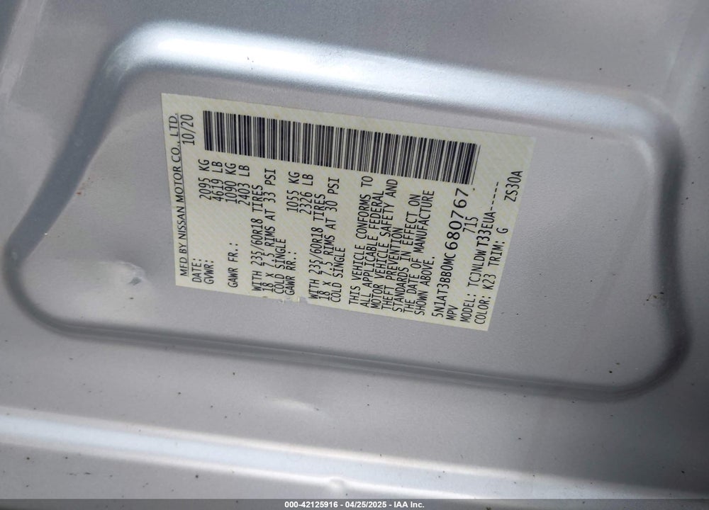 2021 NISSAN ROGUE VIN: 5N1AT3BB0MC680767