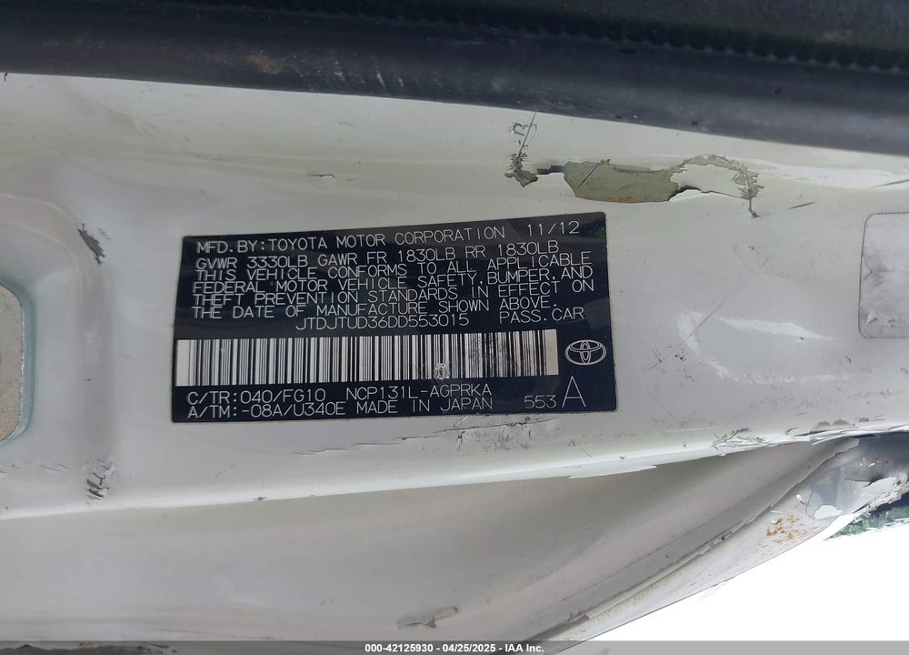 2013 TOYOTA YARIS VIN: JTDJTUD36DD553015