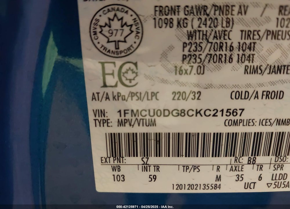 2012 FORD ESCAPE XLT VIN: 1FMCU0DG8CKC21567