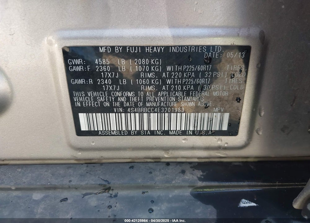 2014 SUBARU OUTBACK 2.5I PREMIUM VIN: 4S4BRBCC4E3201983
