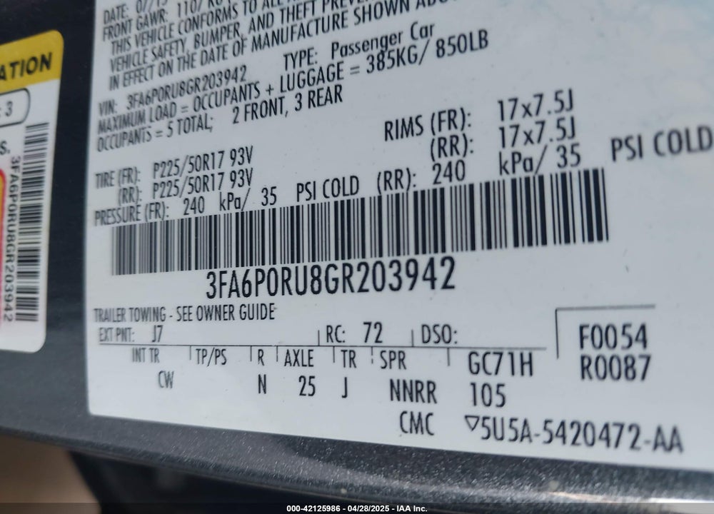 2016 FORD FUSION HYBRID VIN: 3FA6P0RU8GR203942