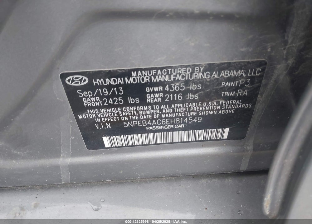 2014 HYUNDAI SONATA VIN: 5NPEB4AC6EH814549