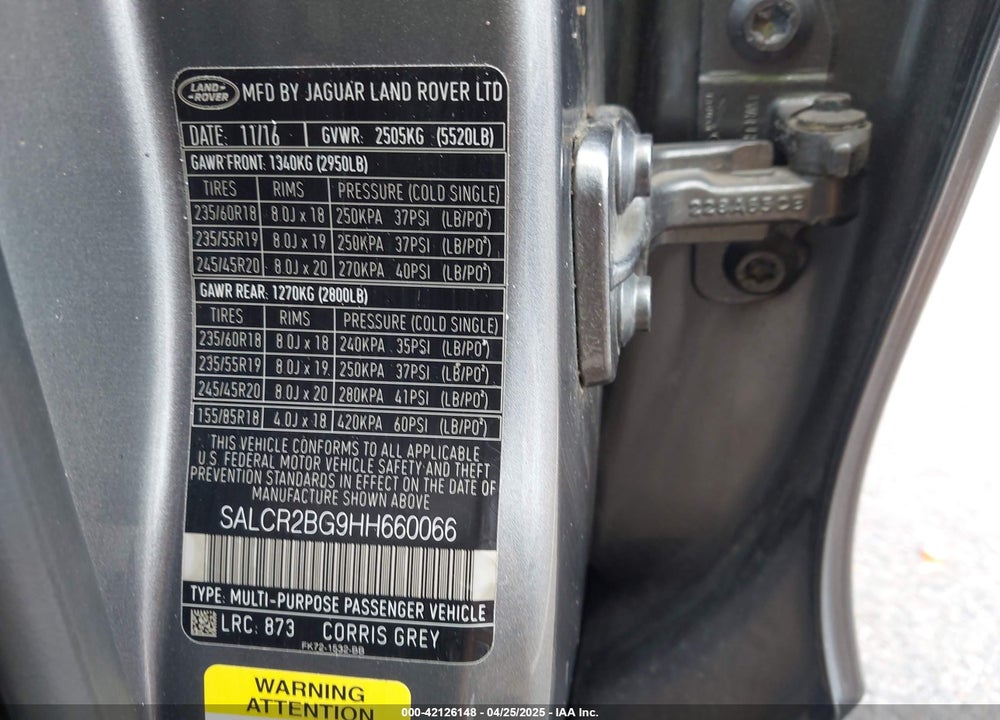 2017 LAND ROVER DISCOVERY SPORT VIN: SALCR2BG9HH660066