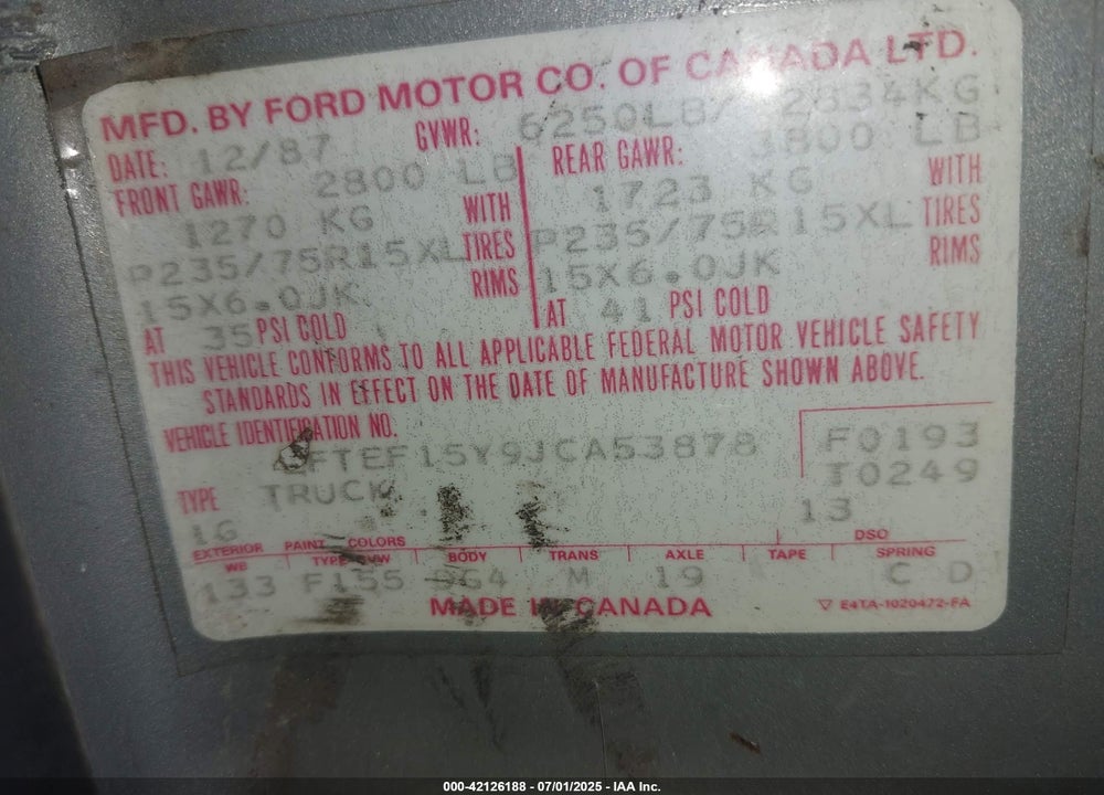 1988 FORD F150 VIN: 2FTEF15Y9JCA53878