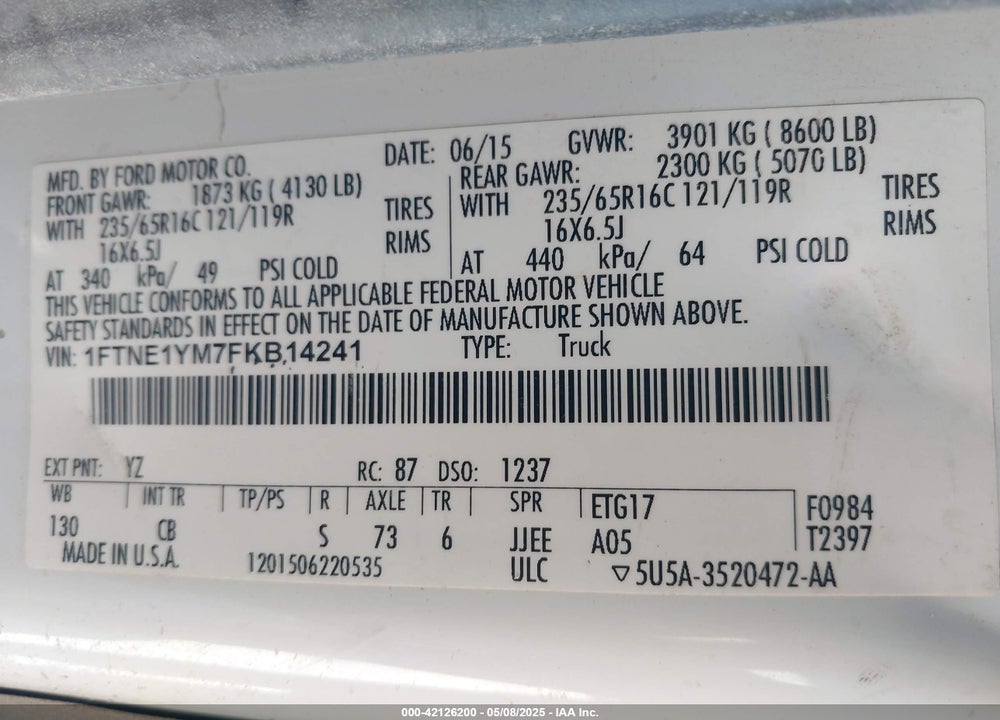 2015 FORD TRANSIT-150 VIN: 1FTNE1YM7FKB14241