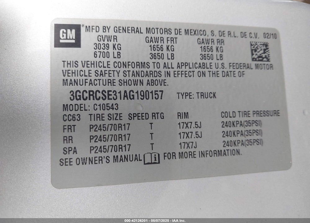 2010 CHEVROLET SILVERADO 1500 VIN: 3GCRCSE31AG190157