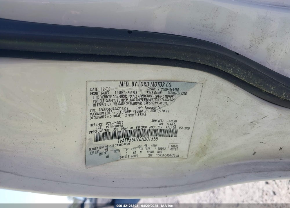 2006 FORD TAURUS VIN: 1FAFP56U76A201559