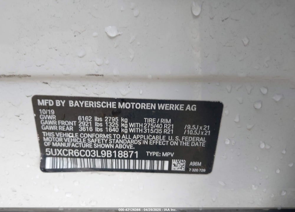 2020 BMW X5 VIN: 5UXCR6C03L9B18871