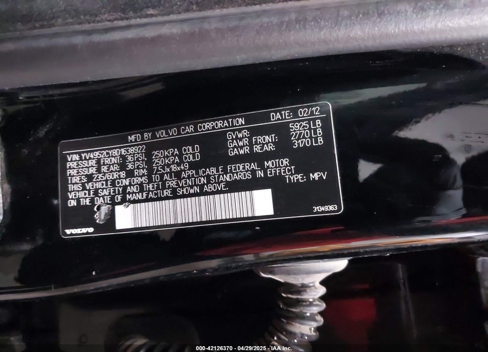 2013 VOLVO XC90 VIN: YV4952CY8D1638922