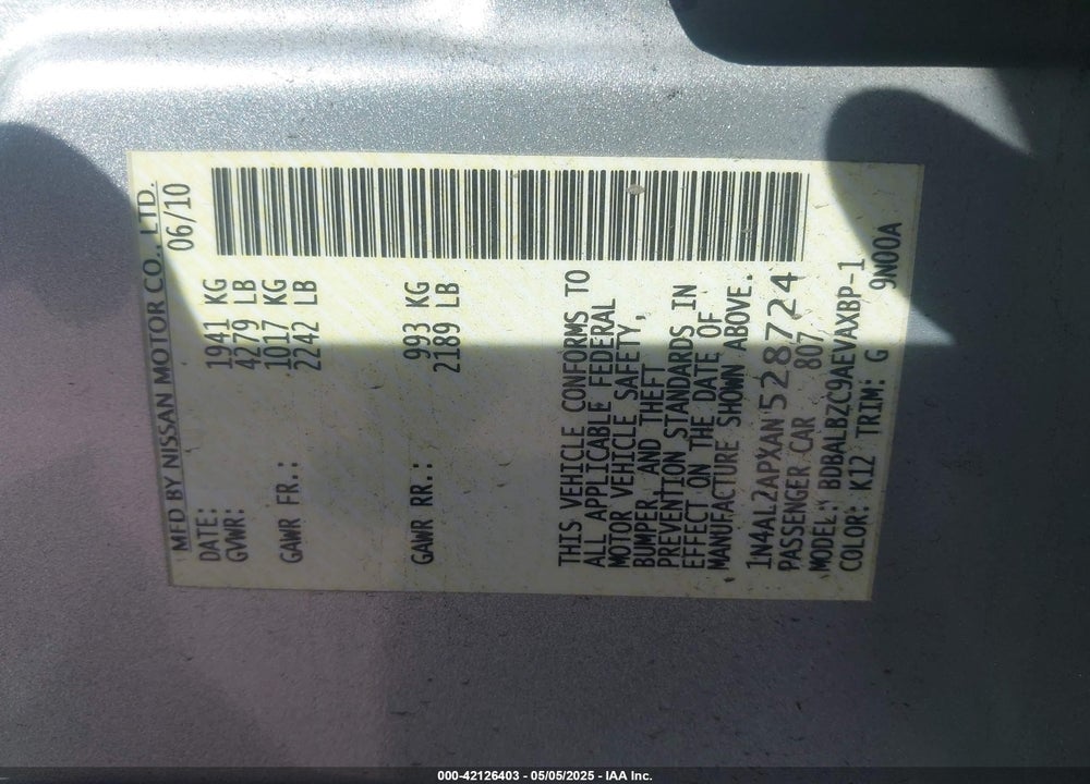 2010 NISSAN ALTIMA 2.5 S VIN: 1N4AL2APXAN528724