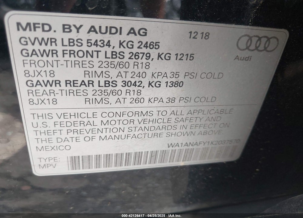 2019 AUDI Q5 VIN: WA1ANAFY1K2037570