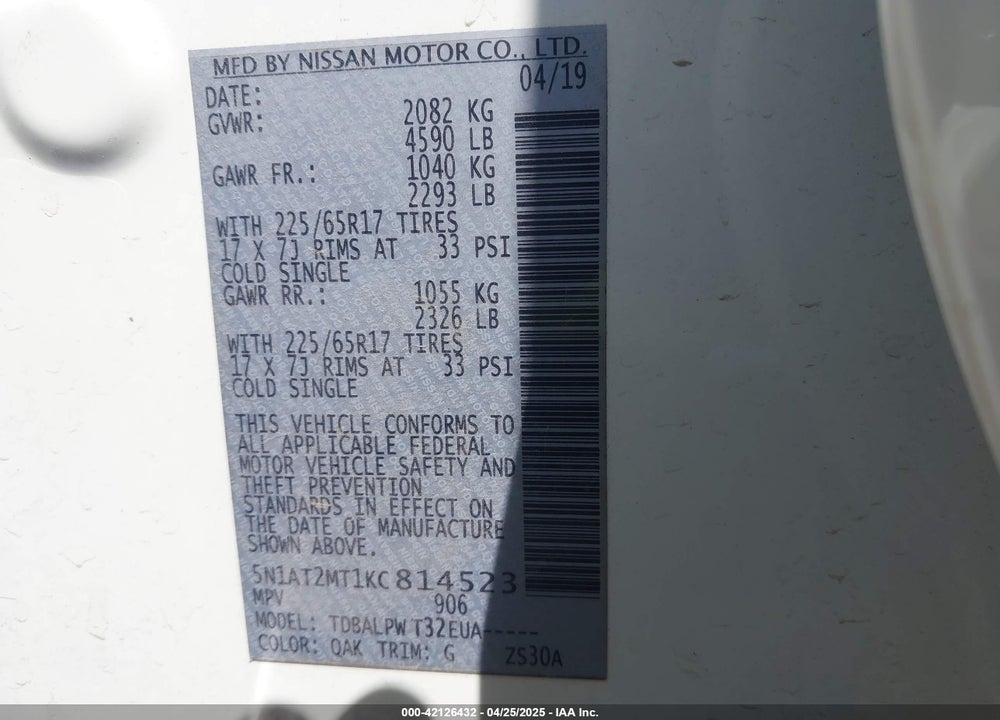 2019 NISSAN ROGUE VIN: 5N1AT2MT1KC814523