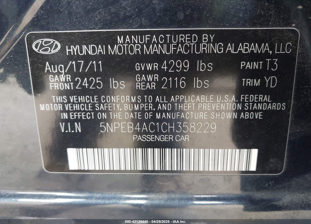 2012 HYUNDAI SONATA VIN: 5NPEB4AC1CH358229