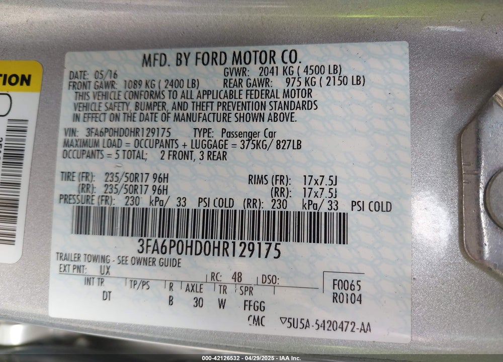 2017 FORD FUSION SE VIN: 3FA6P0HD0HR129175