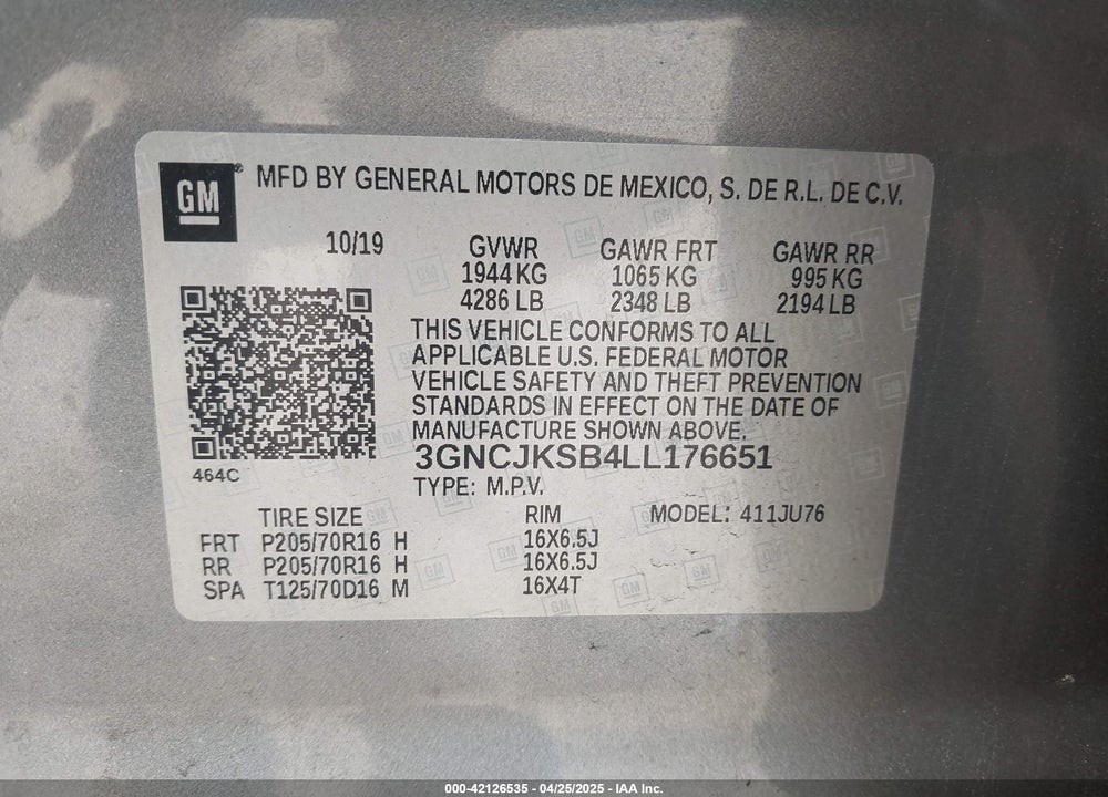2020 CHEVROLET TRAX VIN: 3GNCJKSB4LL176651