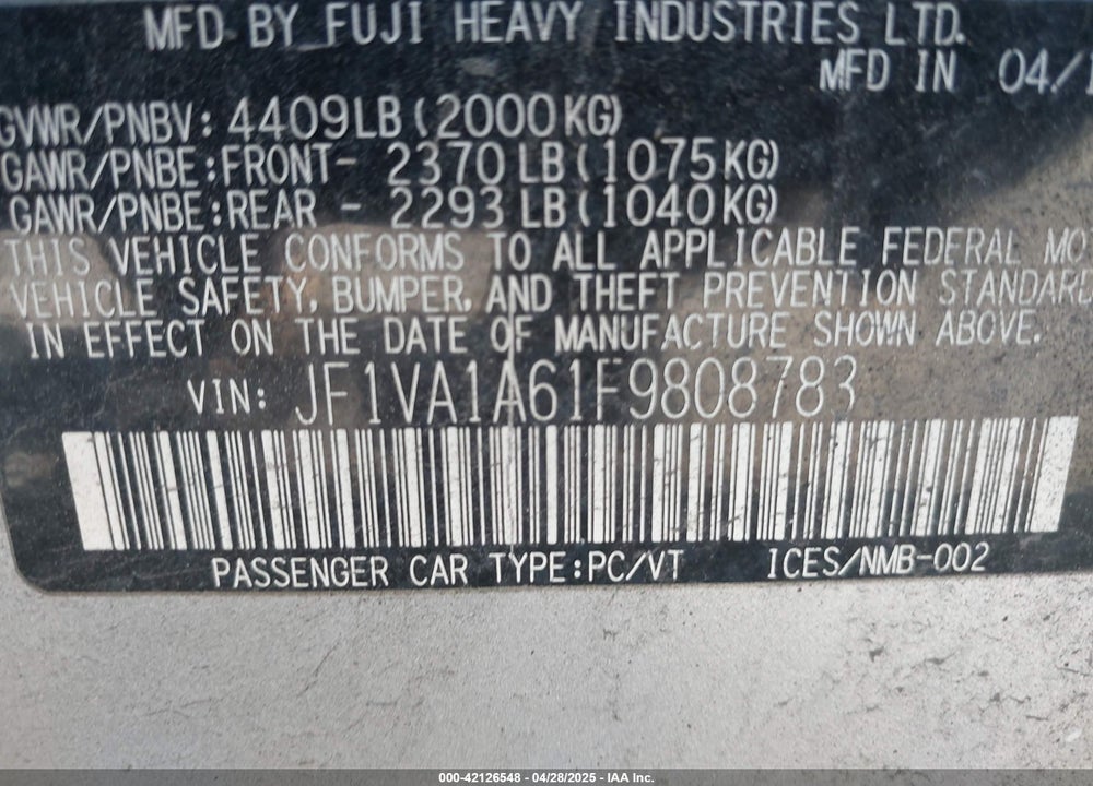 2015 SUBARU WRX VIN: JF1VA1A61F9808783