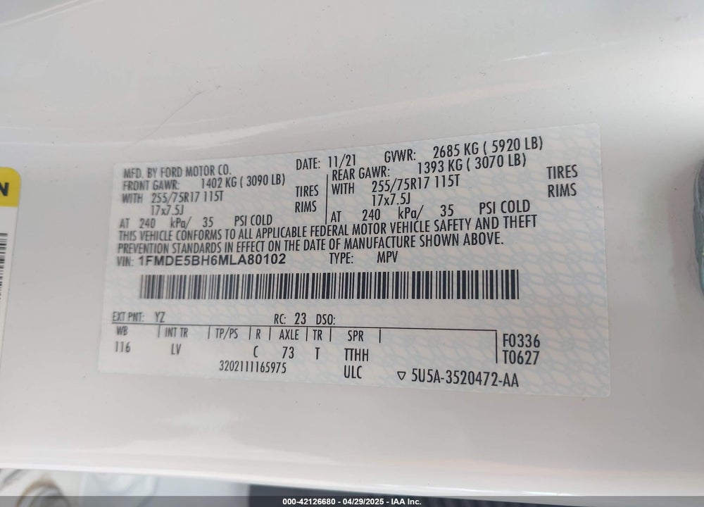 2021 FORD BRONCO VIN: 1FMDE5BH6MLA80102