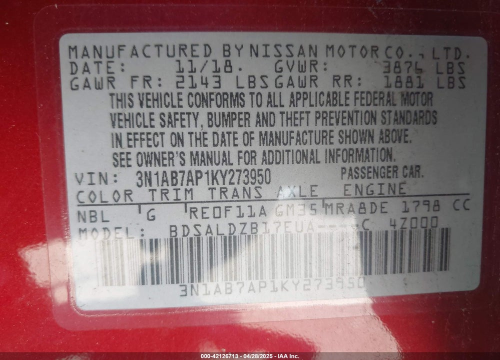 2019 NISSAN SENTRA VIN: 3N1AB7AP1KY273950