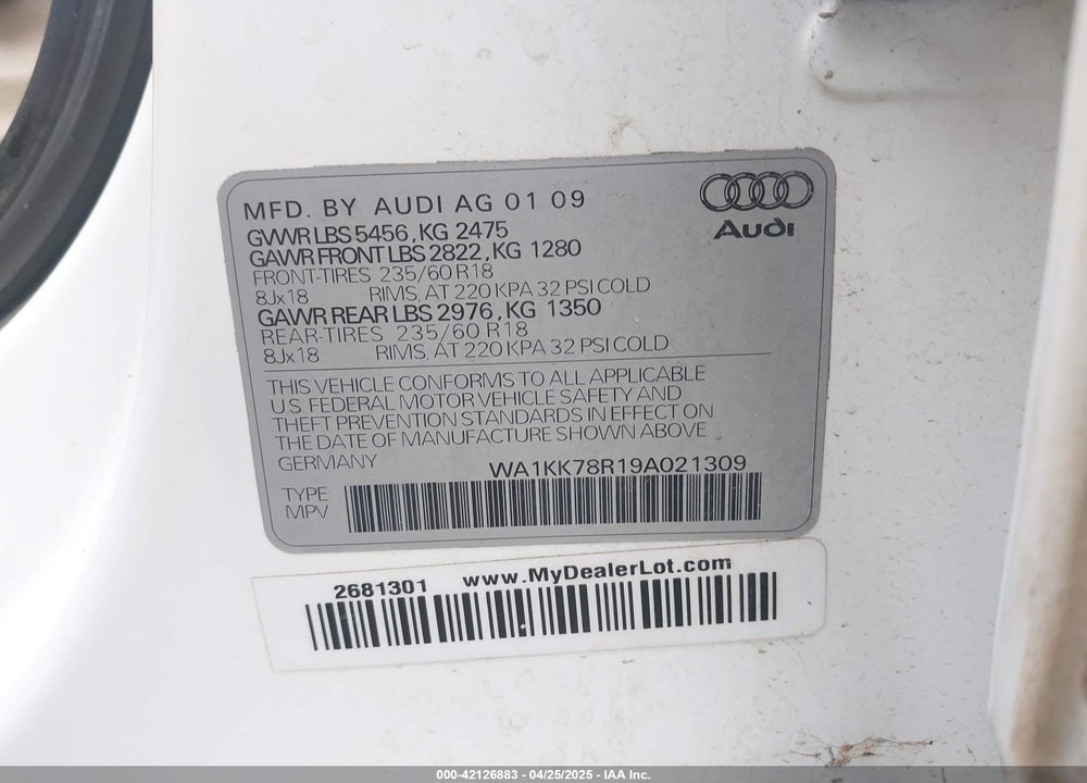 2009 AUDI Q5 VIN: WA1KK78R19A021309