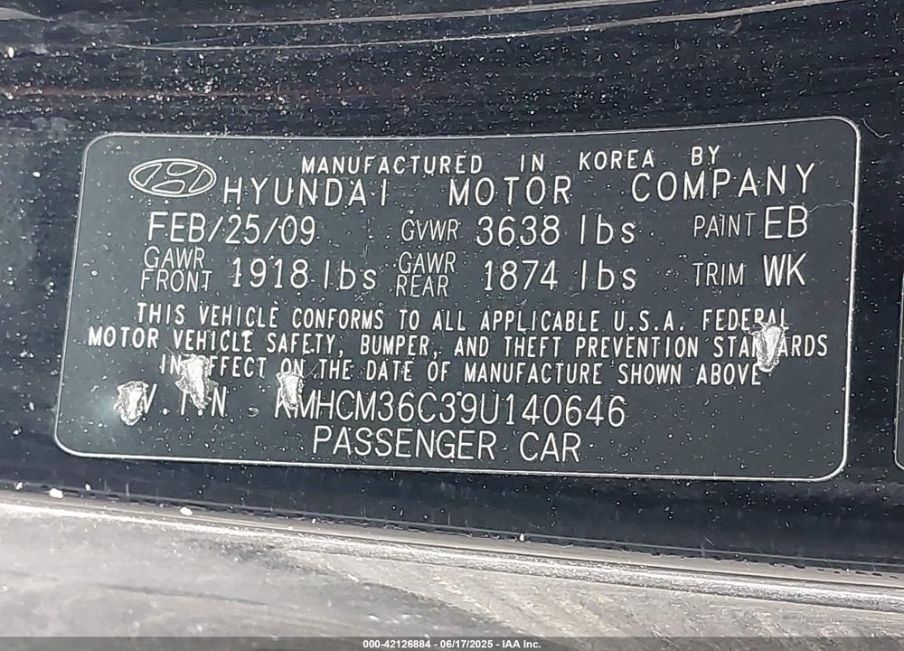 2009 HYUNDAI ACCENT VIN: KMHCM36C39U140646