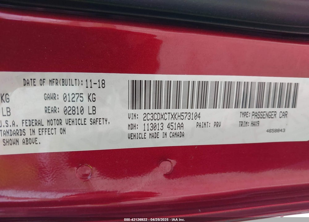 2019 DODGE CHARGER VIN: 2C3CDXCTXKH573104