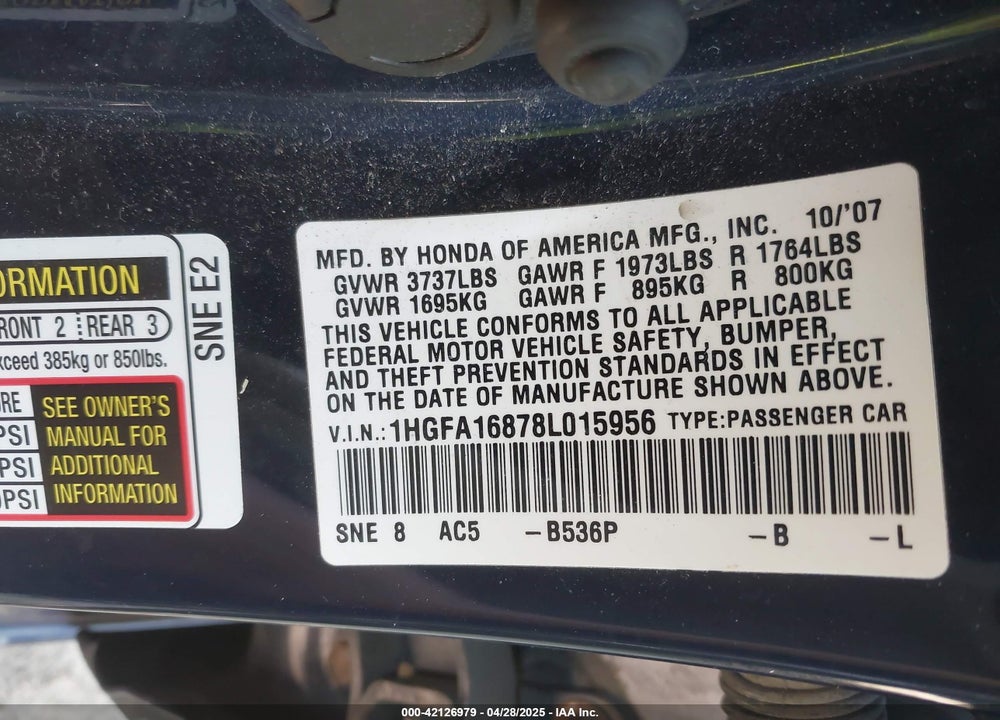 2008 HONDA CIVIC EX VIN: 1HGFA16878L015956
