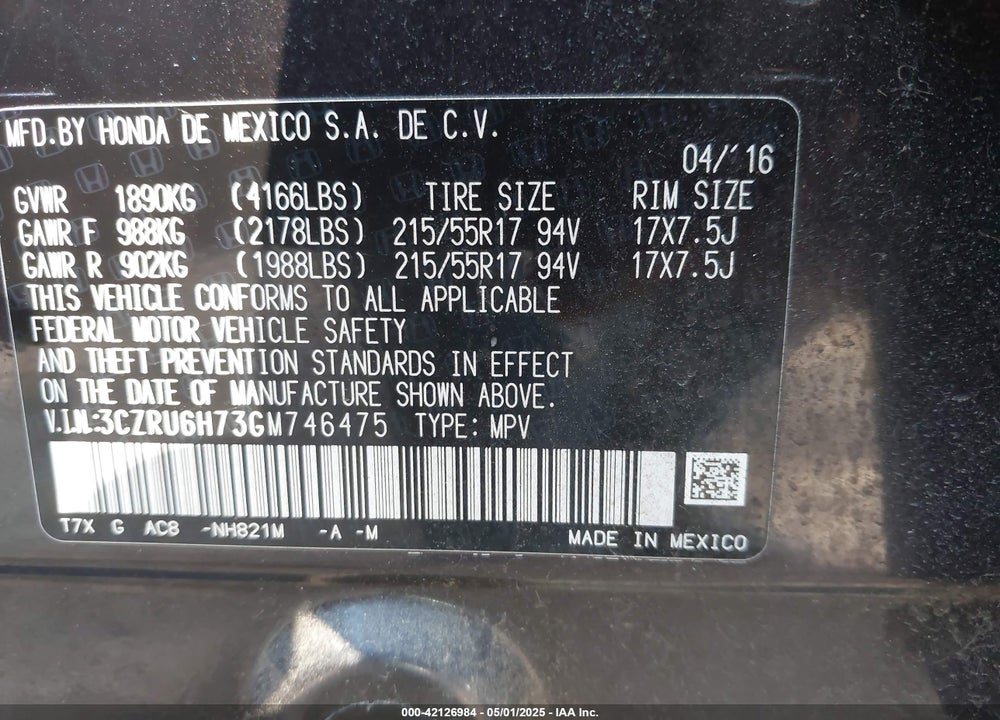 2016 HONDA HR-V VIN: 3CZRU6H73GM746475