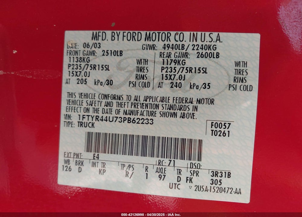 2003 FORD RANGER VIN: 1FTYR44U73PB62233