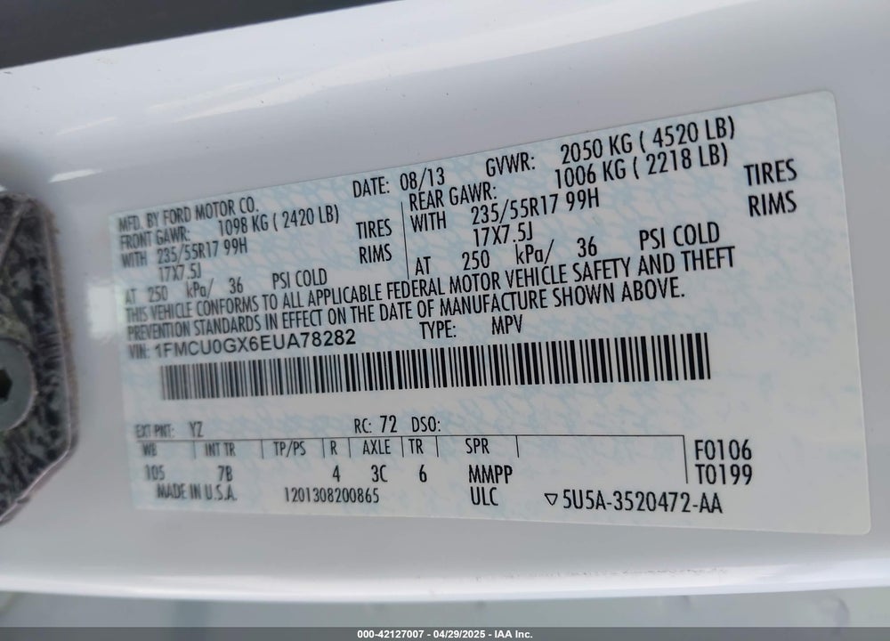 2014 FORD ESCAPE SE VIN: 1FMCU0GX6EUA78282