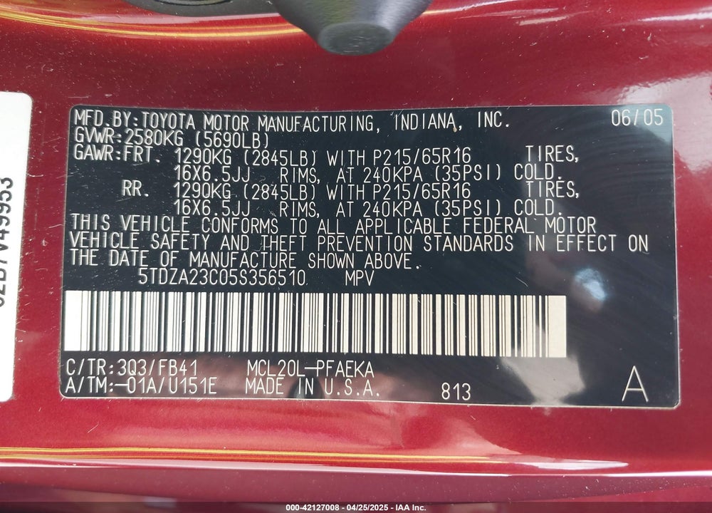 2005 TOYOTA SIENNA LE VIN: 5TDZA23C05S356510