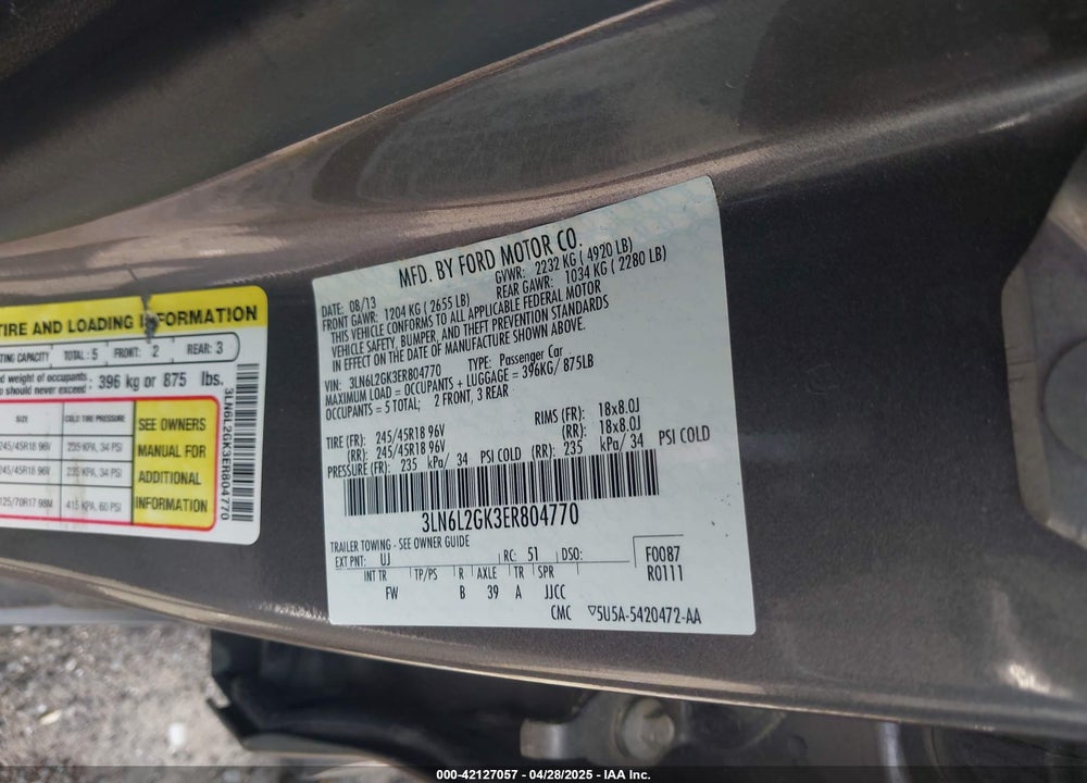 2014 LINCOLN MKZ VIN: 3LN6L2GK3ER804770