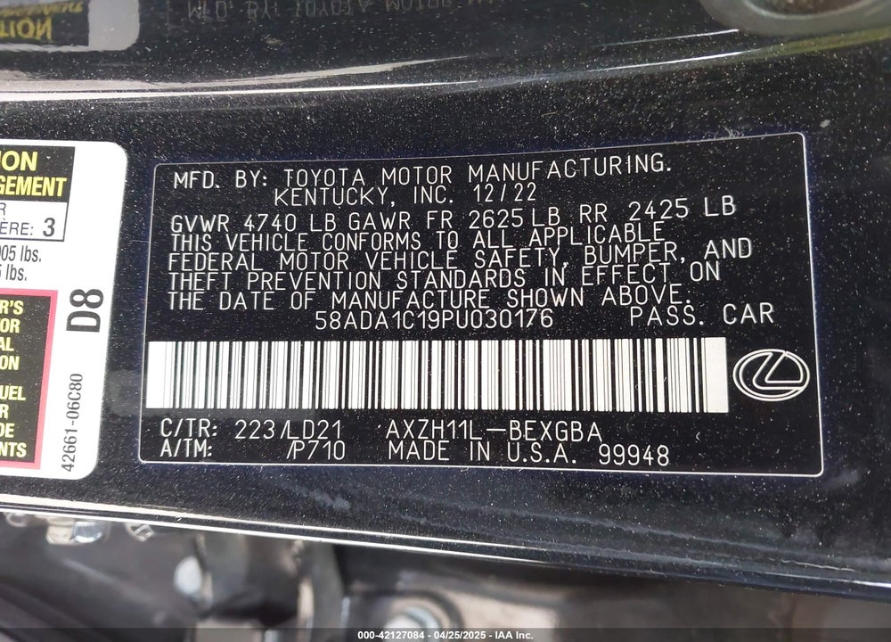 2023 LEXUS ES 300H VIN: 58ADA1C19PU030176