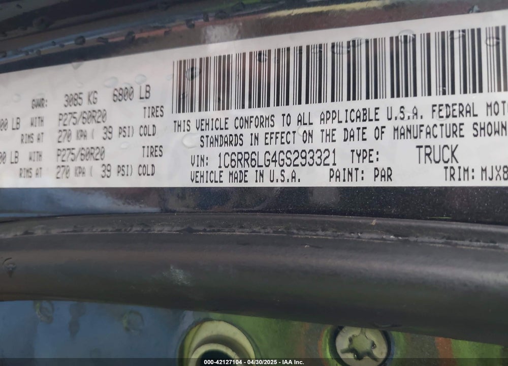 2016 RAM 1500 VIN: 1C6RR6LG4GS293321