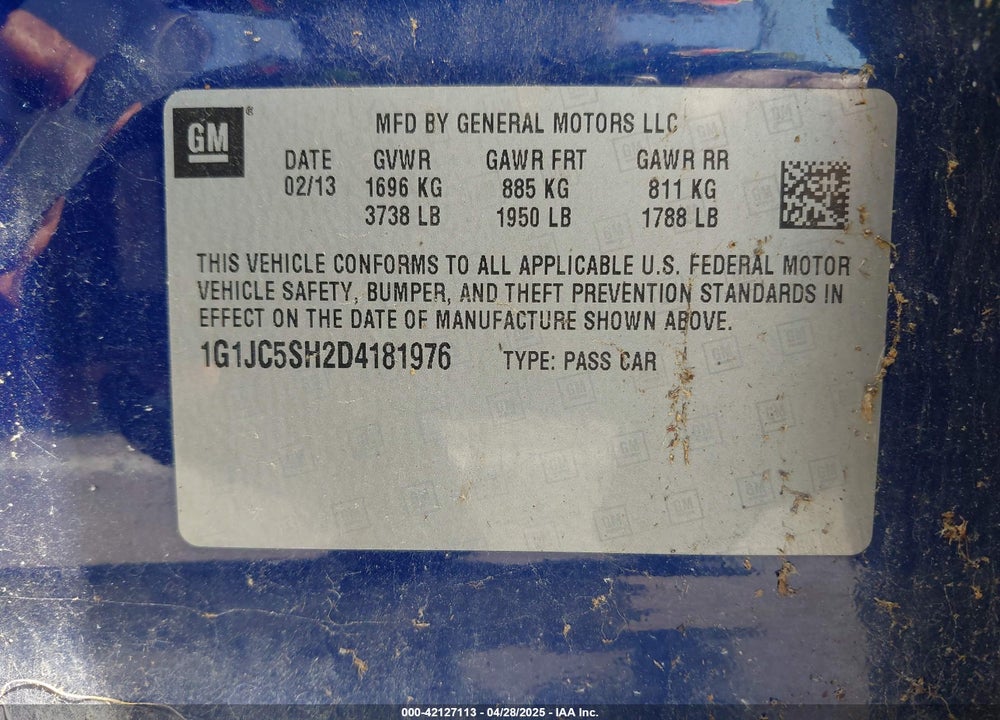 2013 CHEVROLET SONIC VIN: 1G1JC5SH2D4181976