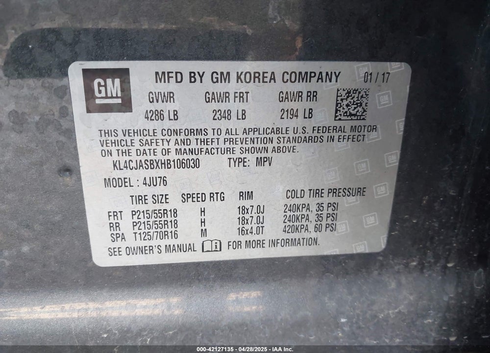 2017 BUICK ENCORE VIN: KL4CJASBXHB106030