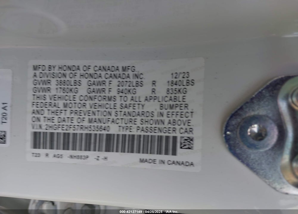 2024 HONDA CIVIC VIN: 2HGFE2F57RH535640