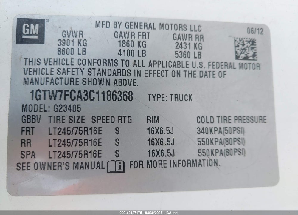 2012 GMC SAVANA 2500 WORK VAN VIN: 1GTW7FCA3C1186368