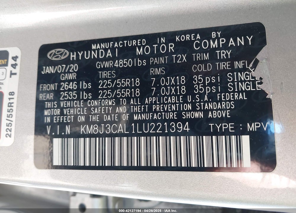 2020 HYUNDAI TUCSON VIN: KM8J3CAL1LU221394