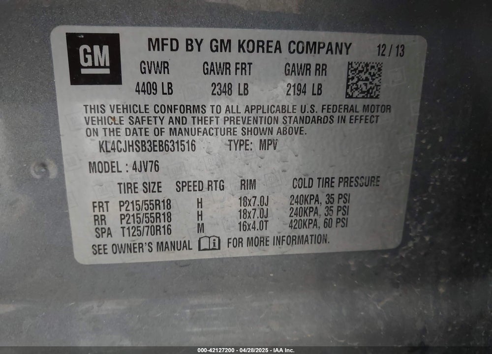 2014 BUICK ENCORE VIN: KL4CJHSB3EB631516