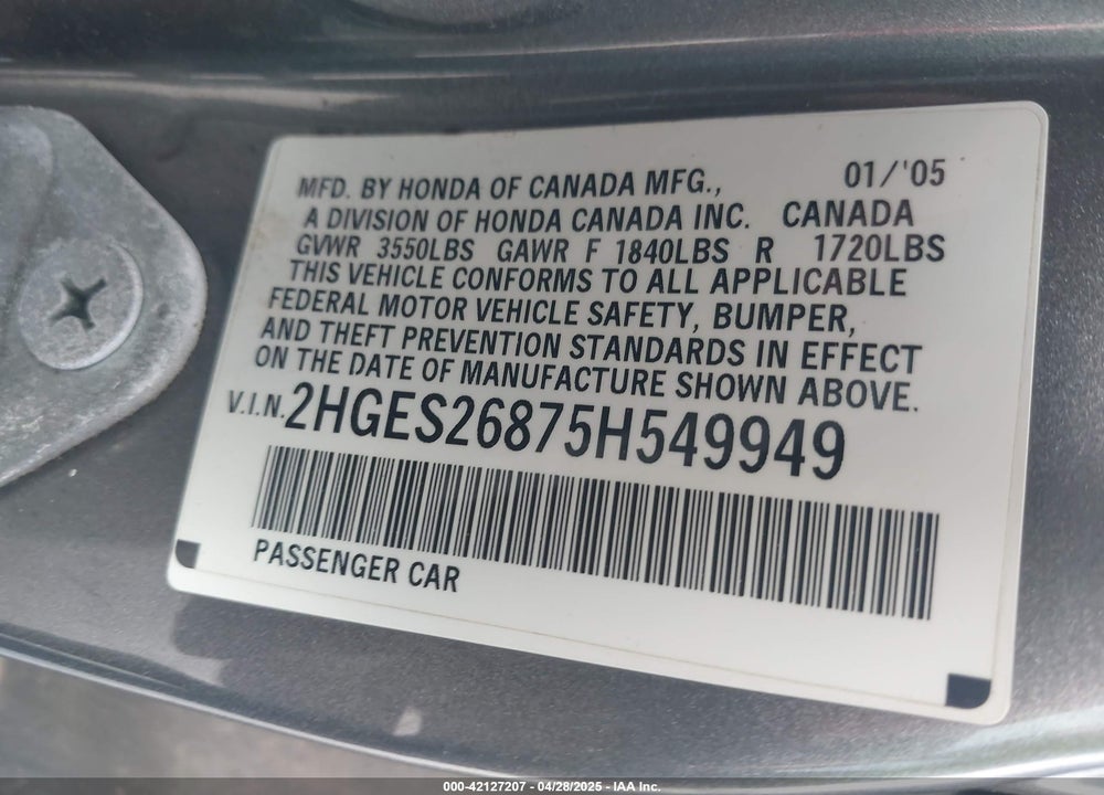 2005 HONDA CIVIC EX VIN: 2HGES26875H549949