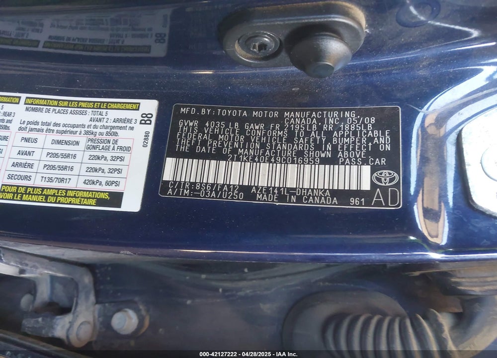 2009 TOYOTA MATRIX VIN: 2T1KE40E49C016959