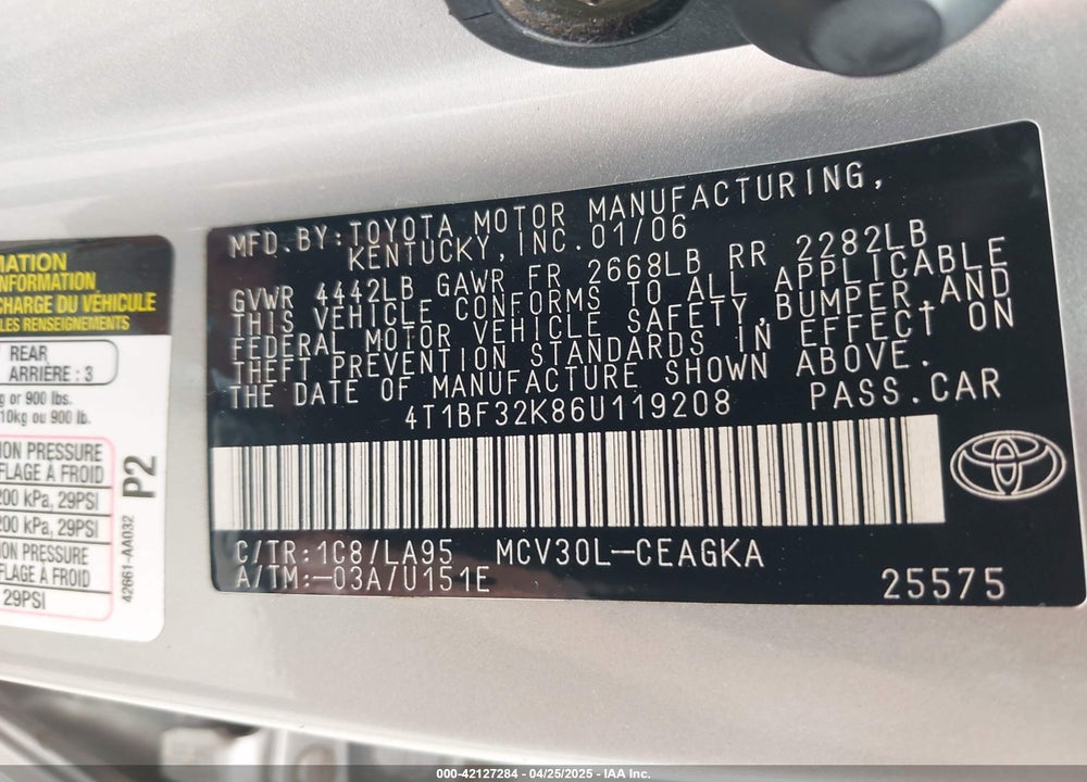 2006 TOYOTA CAMRY VIN: 4T1BF32K86U119208