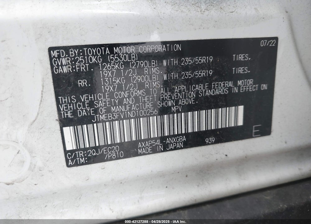 2022 TOYOTA RAV4 PRIME XSE VIN: JTMEB3FV1ND100256